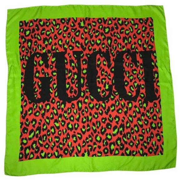 Gucci Women’s Prominent Logo Leopard Print Silk Luxury Scarf Green Multi DM1 - Picture 1 of 7